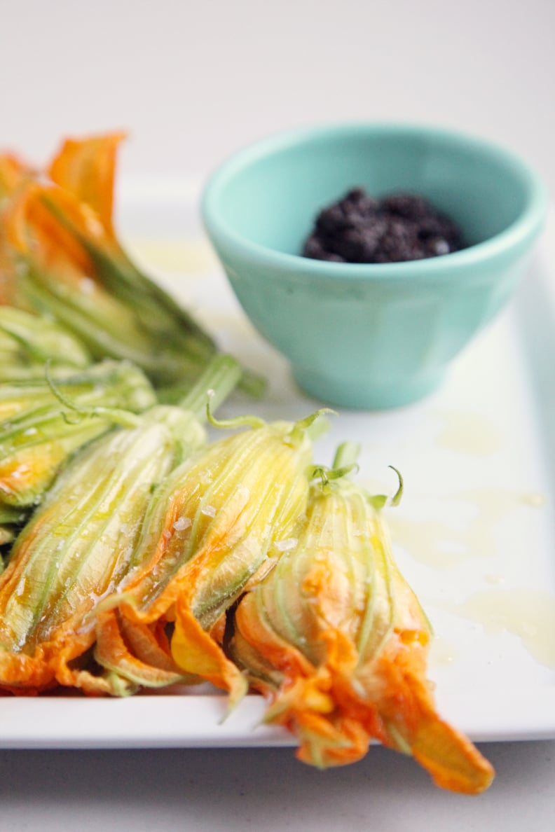 Burrata-Stuffed Squash Blossoms With Tapenade