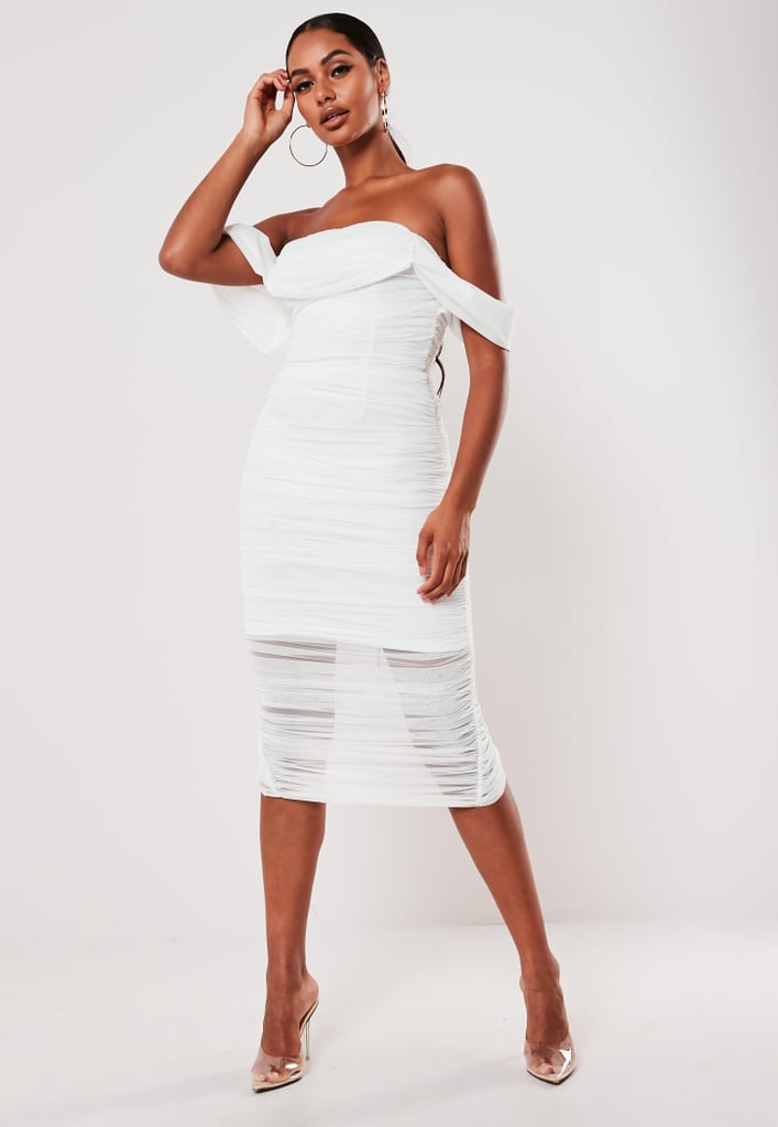 Missguided White Ruched Bardot Midi Dress Hailey Baldwins White Dress At Her Bachelorette 