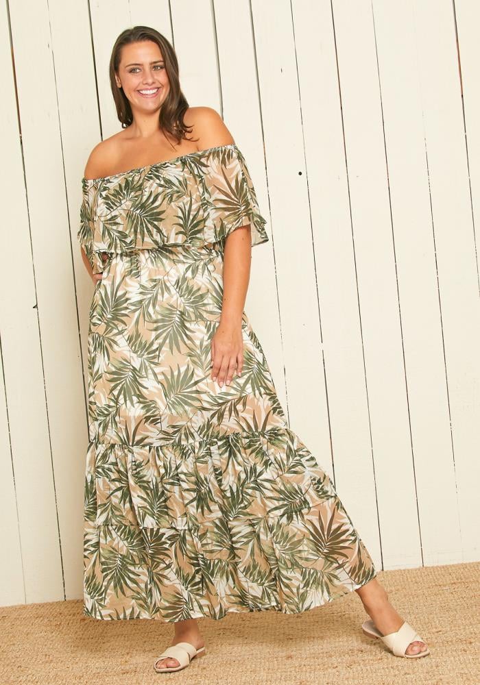 Asoph Plus Size Off Shoulder Leaf Print Maxi Dress
