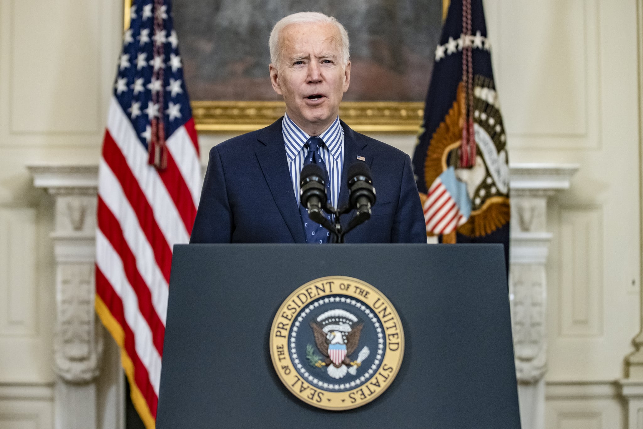 WASHINGTON, DC - MARCH 06: President Joe Biden speaks from the State Dining Room following the passage of the American Rescue Plan in the U.S. Senate at the White House on March 6, 2021 in Washington, DC. The Senate passed the latest COVID-19 relief bill by 50 to 49 on a party-line vote, after an all-night session. (Photo by Samuel Corum/Getty Images)