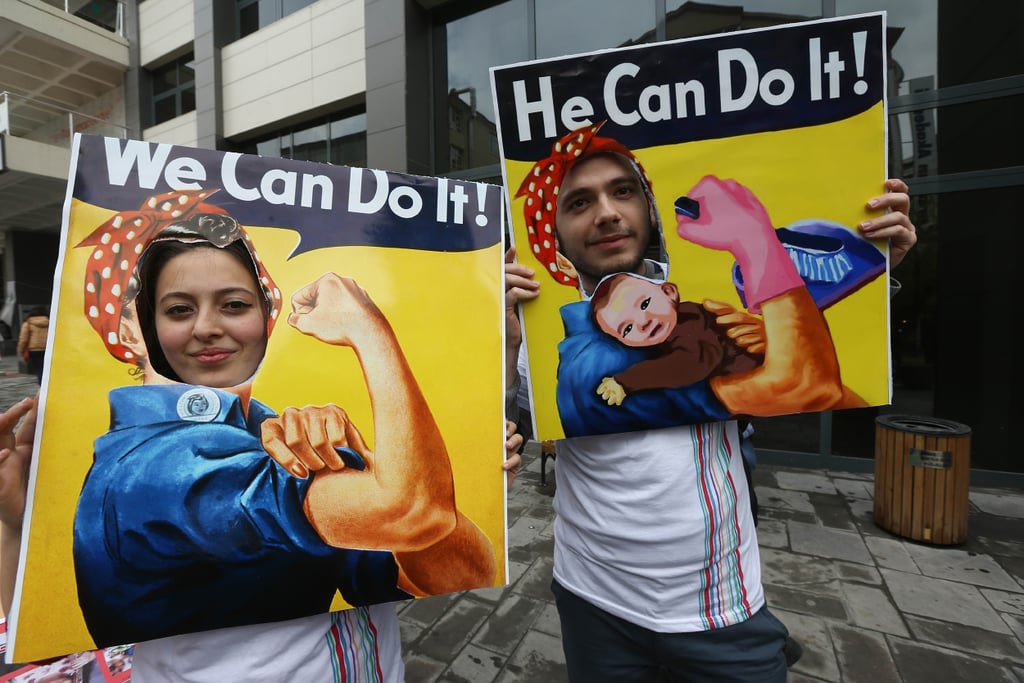 In Turkey, a couple wore parody versions of the iconic We Can Do It! propaganda posters.