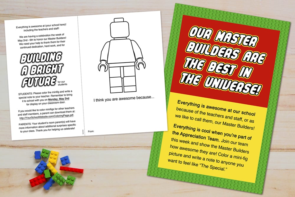 Coloring sheets were made so every child could write something nice for their teachers and color them a Lego picture.