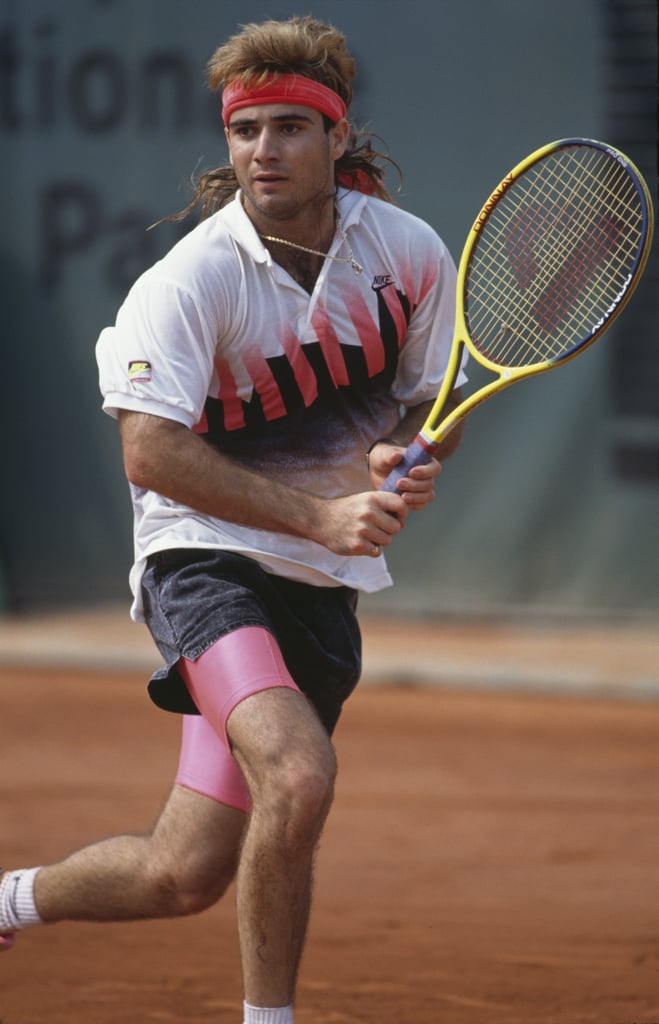 Andre Agassi was in style with a red sweat band tied at the back of his neck to keep his long, flowy locks out of his face. He finally traded in his head piece for . . .