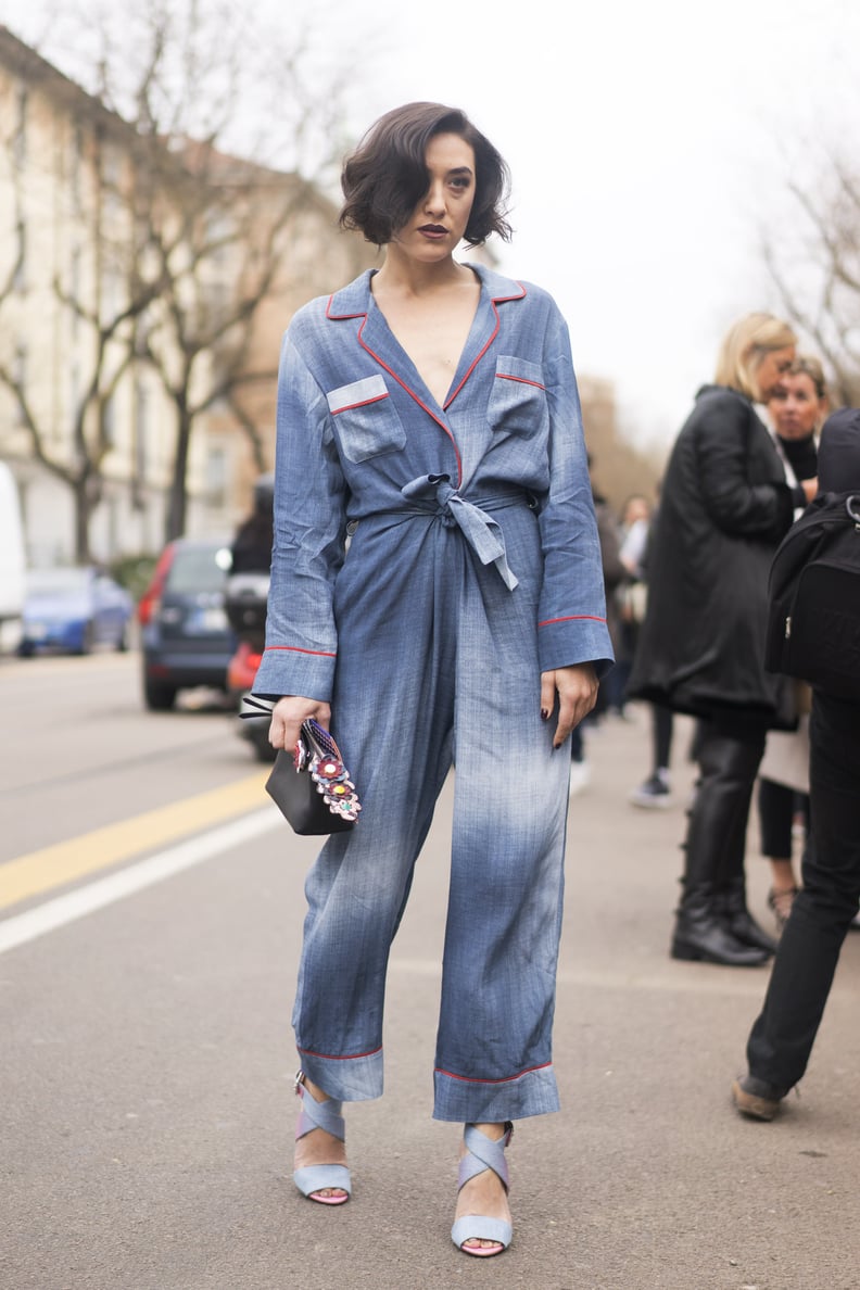 Rock a Denim Jumpsuit With Matching Colored Sandals
