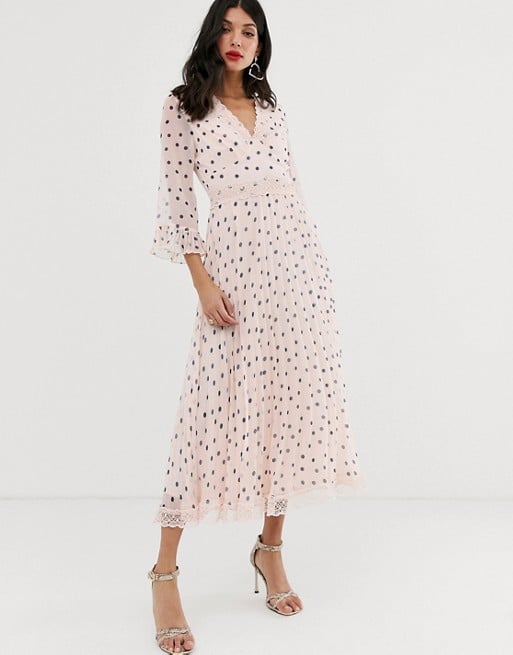 ASOS DESIGN Tall Pleated Midi Dress With Lace Inserts in Polka Dot