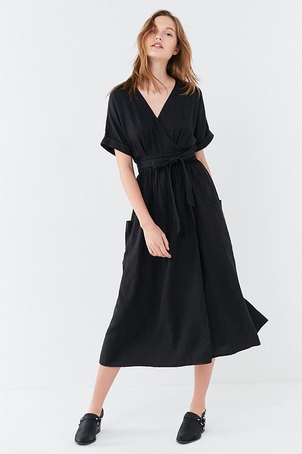 UO Gabrielle Linen Midi Wrap Dress