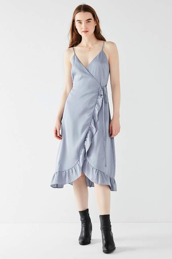 Urban Outfitters Ruffle-Hem Satin Wrap Midi Dress