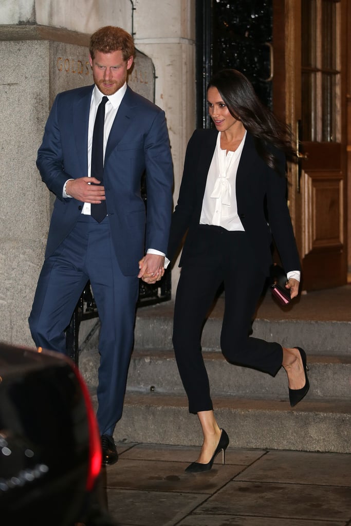 Meghan wore a black Alexander McQueen suit that was cropped at the ankle — all the better to reveal her Manolo Blahnik pumps — for the Endeavour Fund Awards ceremony in London in February 2018.
