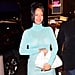 Rihanna Wearing Blue Strappy Heels and Turtleneck Dress