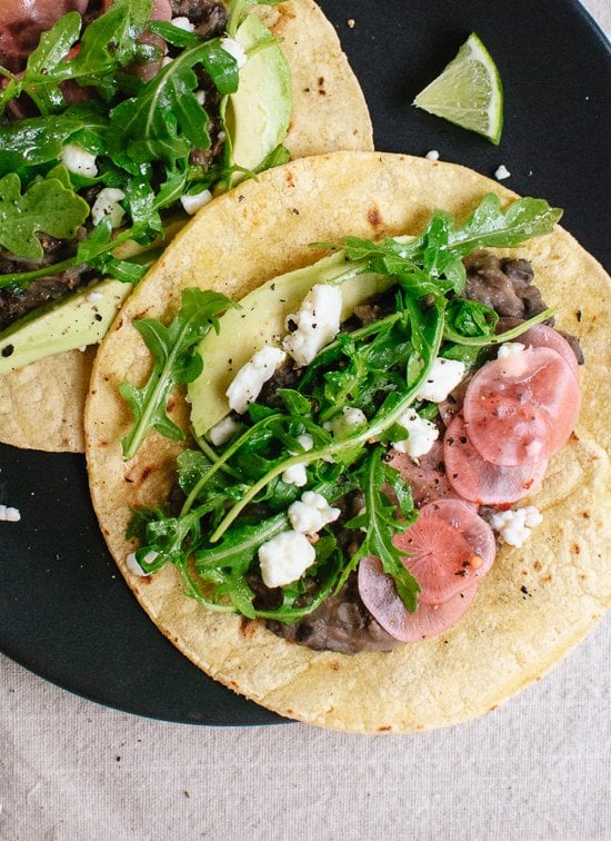 Vegetarian: Arugula and Black Bean Tacos With Pickled Radish and Feta