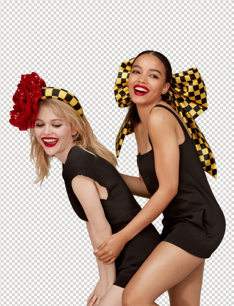 Emily and Whitney wear Valentino with custom taxi headpieces by Vaquera.