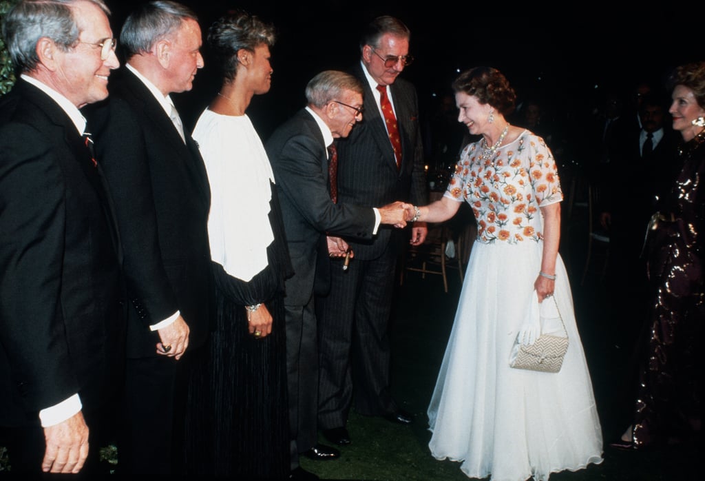 Queen Elizabeth II with George Burns, Perry Como, Frank Sinatra and Dionne Warwick in 1983