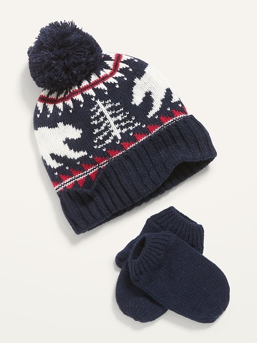 Unisex Printed Pom-Pom Beanie and Mittens Set for Toddler