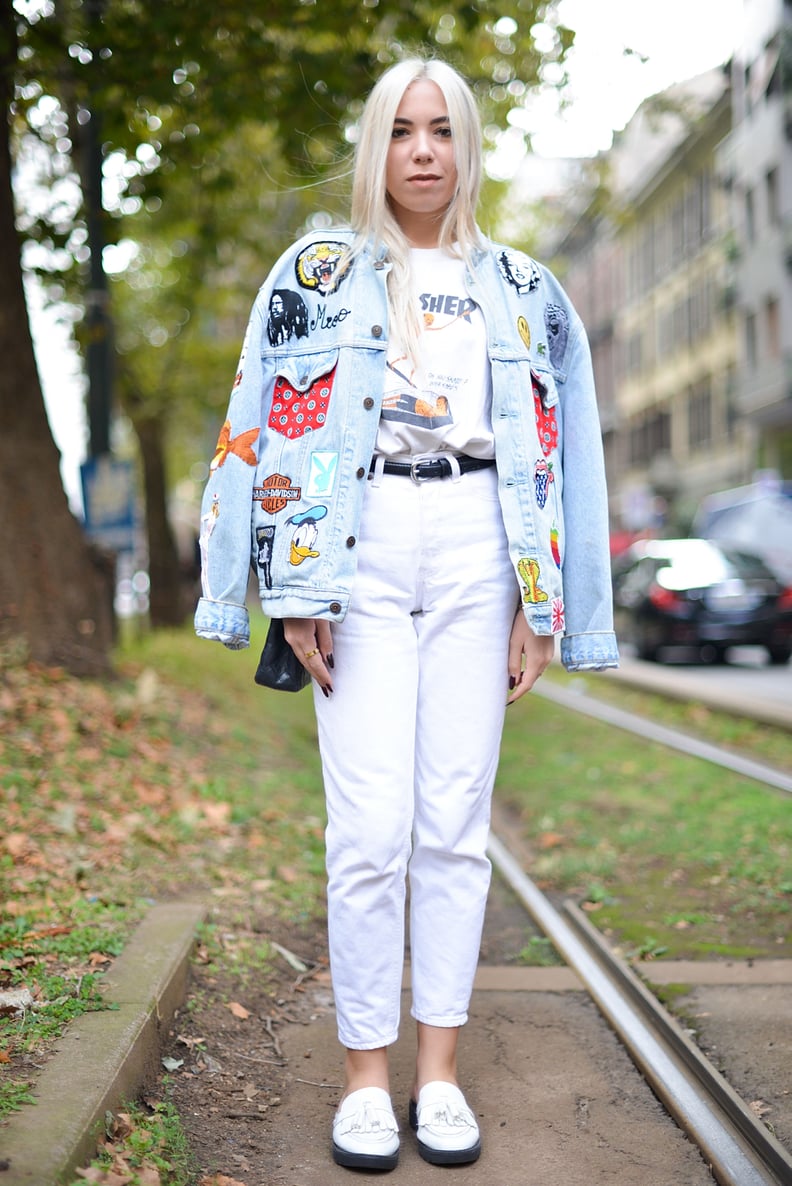 A Patwork Denim Jacket and White Jeans