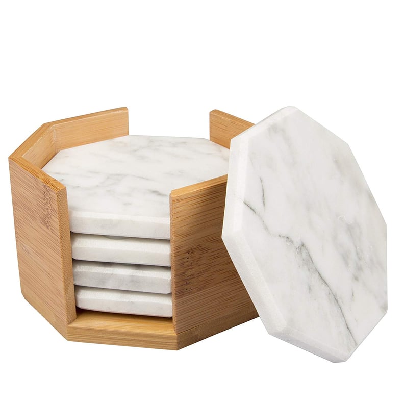 White Carrara Marble Coasters With Bamboo Holder