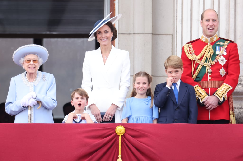 Pictured: Queen Elizabeth II, Kate Middleton, Prince Louis, Princess Charlotte, Prince George, and Prince William.