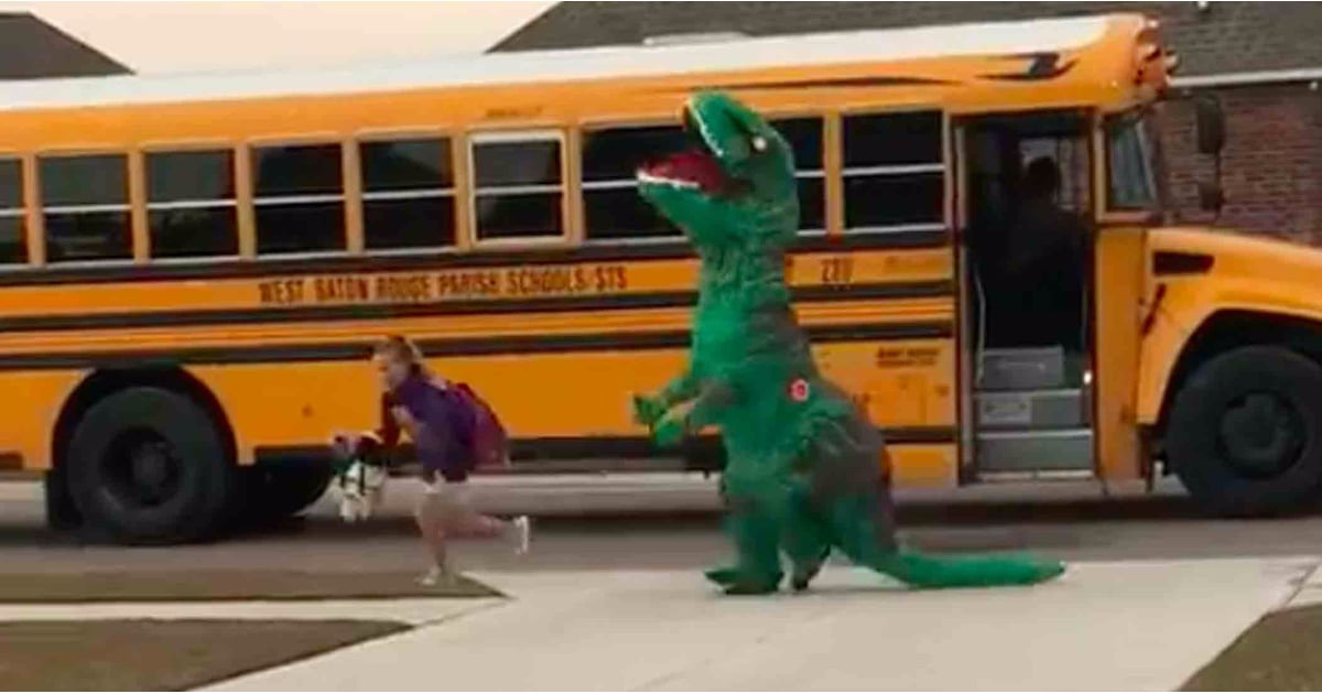 Dad Gets Daughter From Bus In Dinosaur Costume Popsugar Family