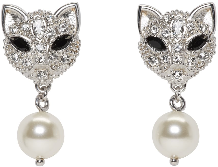 Miu Miu Silver Pearl & Crystal Cat Earrings