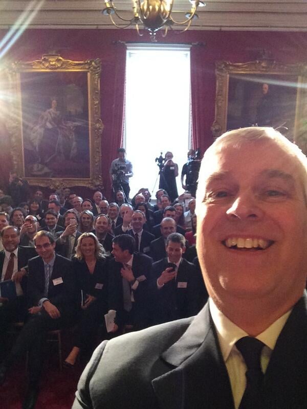 Prince Andrew took the first-ever royal selfie in April 2014 during a press conference in London.
Source: Twitter user TheDukeOfYork
