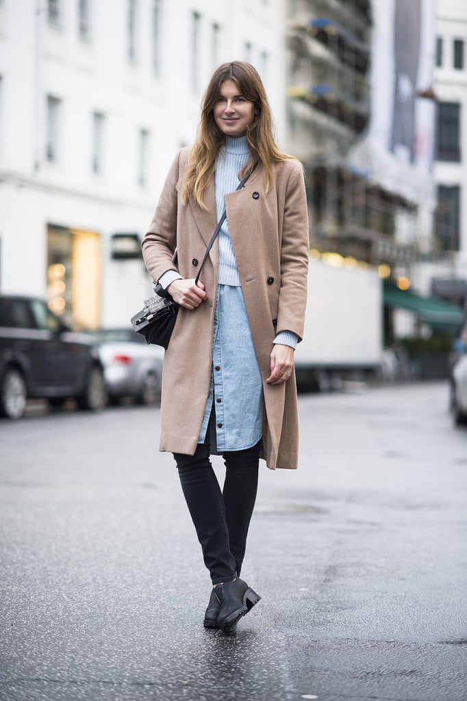 Instantly upgrade your outfit by experimenting with textures as well as layers. Try denim, camel, and lightweight sweaters like this fashionista did.