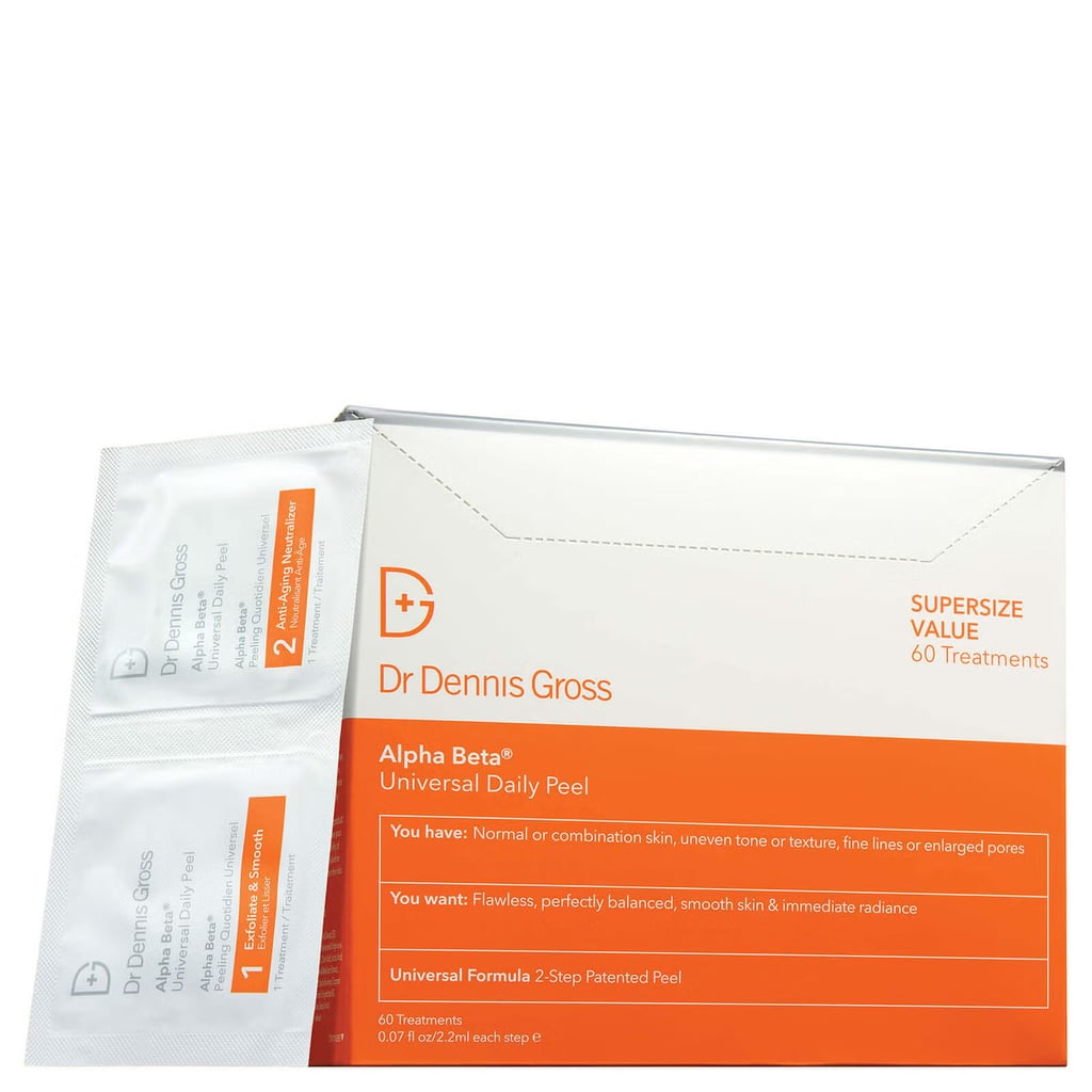 Dr Dennis Gross Alpha Beta Universal Daily Peel ($124, originally $155)
There's no better time to stock up on the bestselling Dr. Dennis Gross Skincare Alpha Beta Peel Pads, especially if they are a core part of your skin-care routine. This jumbo version contains 60 treatments. The two-step peel process will instantly brighten your skin and reveal a softer texture. 
The first step has a potent blend of glycolic acid, salicylic acid, and lactic acid to help smooth texture, reduce the appearance of fine lines and pores, and provide a deep exfoliation that helps fade dark spots over time. The second step contains skin-loving ingredients and antioxidants like resveratrol and green tea extract to help aid the skin's barrier. It's a treatment that can help with a variety of concerns.
