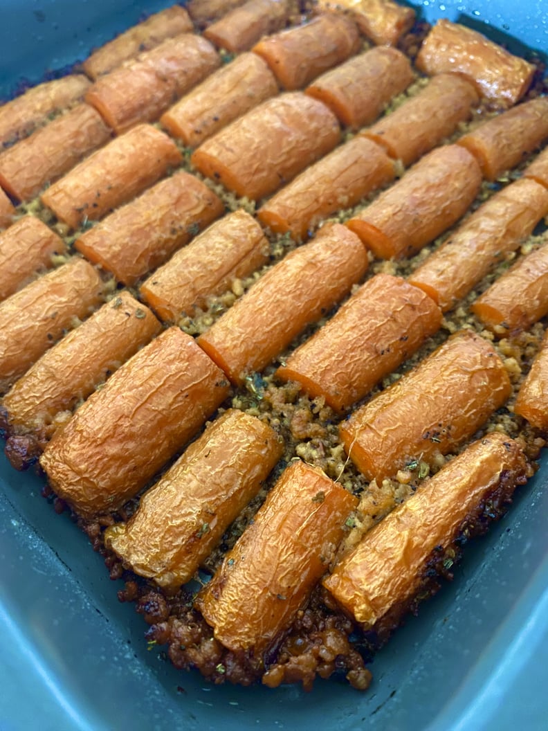 close up of crispy parmesan roasted carrots recipe finished in pan