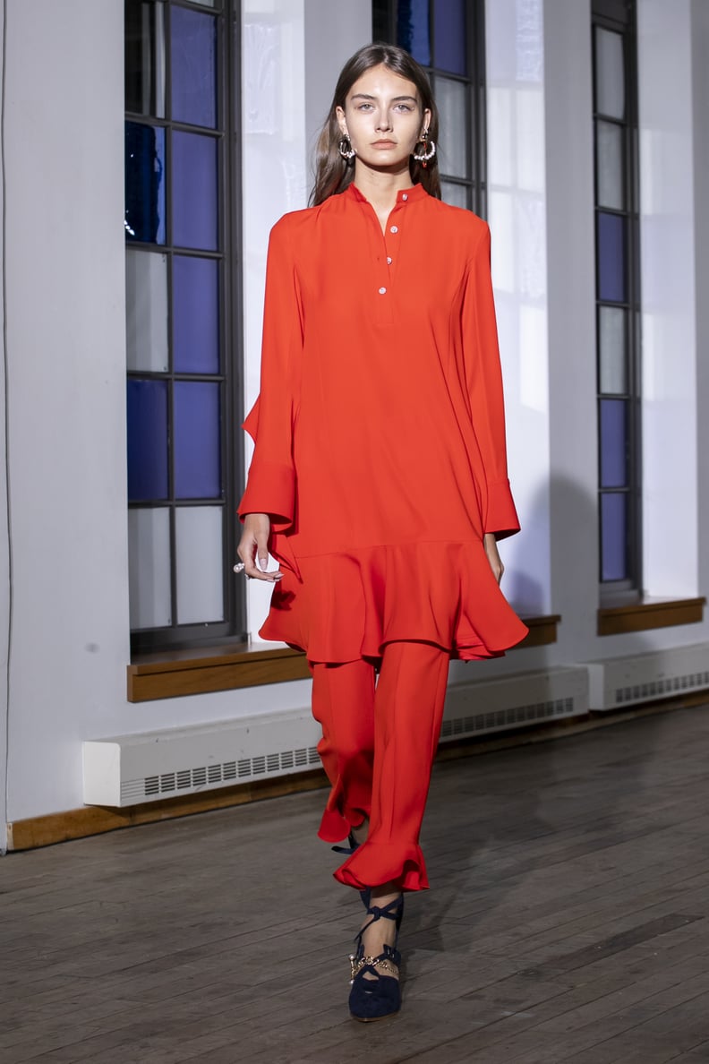 A Red Dress Over Pants on the Adeam Runway During New York Fashion Week