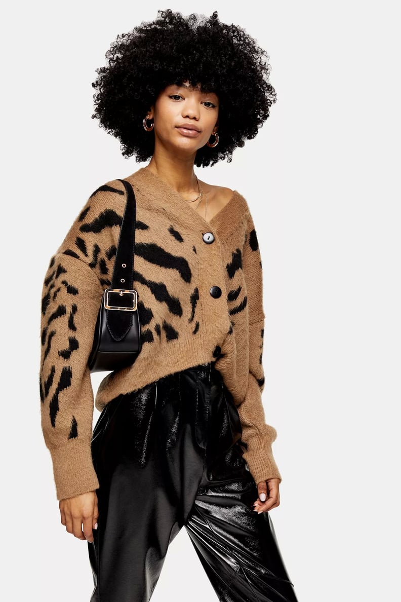 Topshop Camel and Black Animal Marking Knitted Cardigan