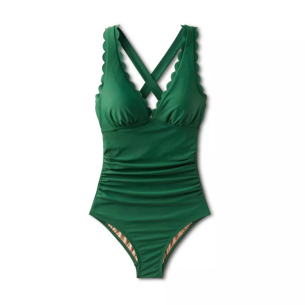 Kona Sol Plunge-Front Scalloped One-Piece Swimsuit