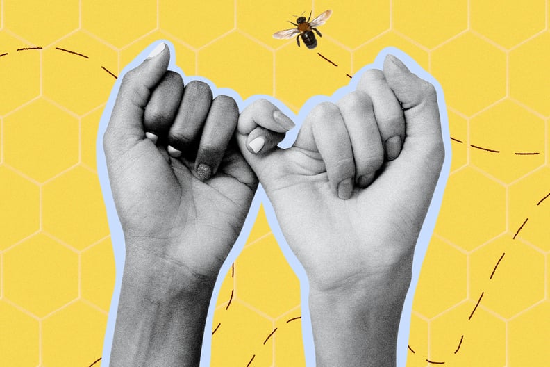 An image shows a cutout of two hands holding each other's pinkies, with a yellow background and bees buzzing in the background.