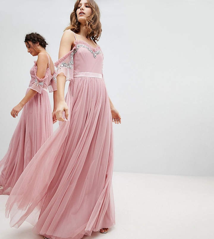 Maya Cold Shoulder Sequin Detail Tulle Maxi Dress With Ruffle