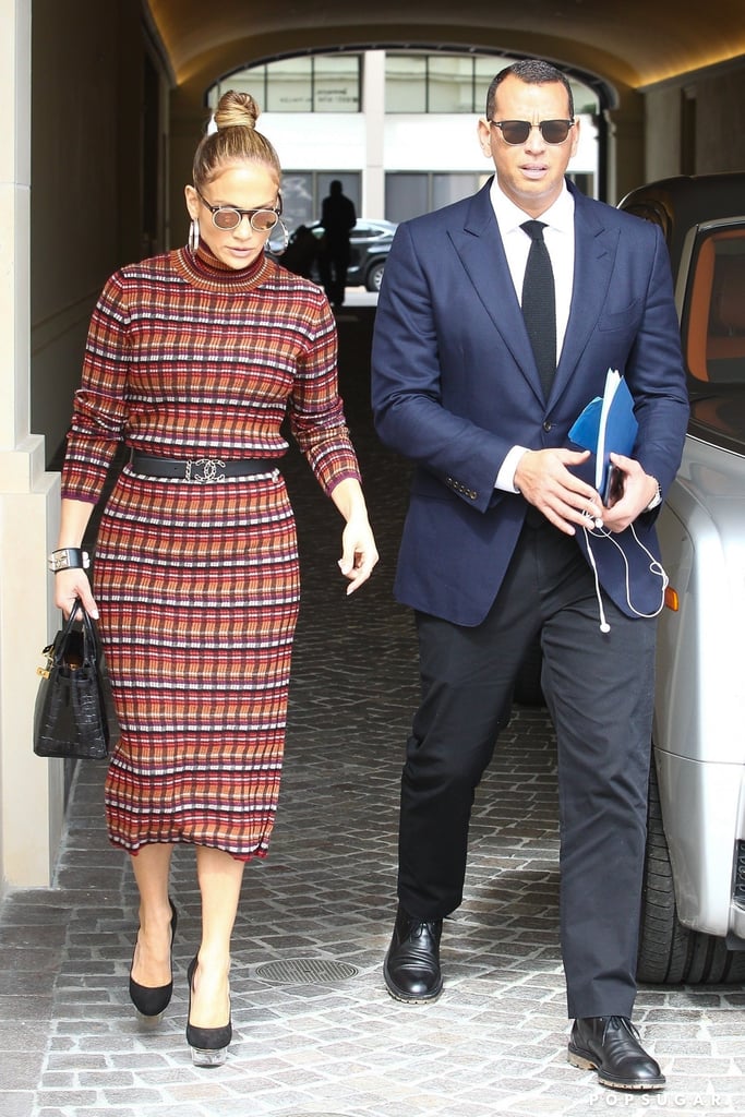 Jennifer Lopez Plaid Dress and Platform Heels