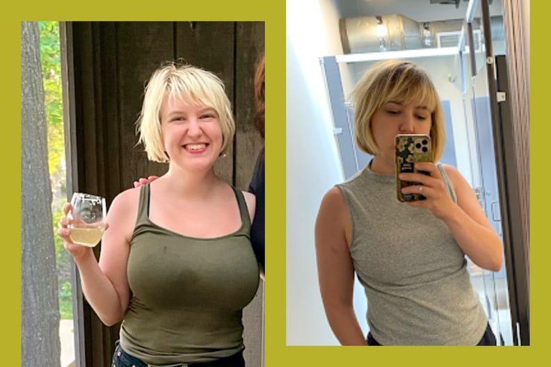 A side-by-side image shows photos of Rosamund Lannin before she had breast reduction surgery and after.