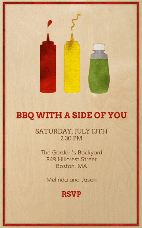 It's not a barbecue without ketchup and mustard, so get your guests in the mood with this "side of you" invitation (price upon request).