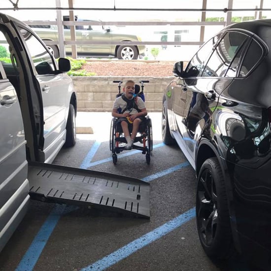 Boy's Wheelchair Ramp Blocked by Car Parked on Blue Lines
