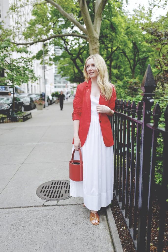 My one-and-done answer to Summer dressing on any given day is a crisp white dress and this punchy blazer from the POPSUGAR collection at Kohl's instantly gives my go-to look an office-appropriate spin. 
On Laura: POPSUGAR at Kohl's blazer, Cyril lapel pins, Brock Collection dress, Staud bag, M.Gemi sandals, Mounser earrings, Eriness bracelet, and Jennifer Fisher ring.