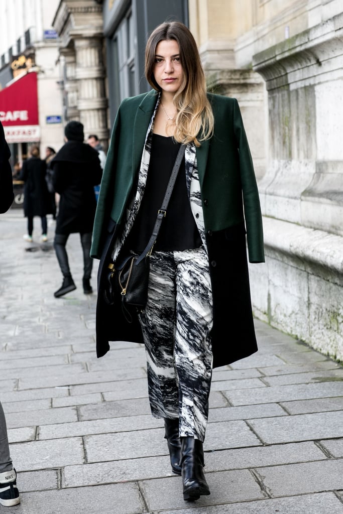 Break up a head-to-toe print with a black tee and great outerwear.