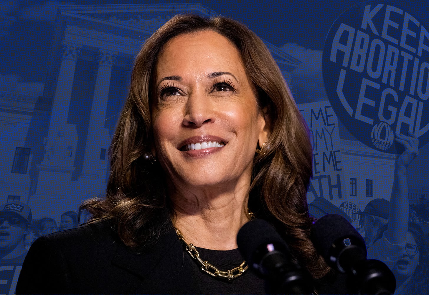 A photo shows Kamala Harris smiling in front of a background of a photo of a protest for abortion rights.