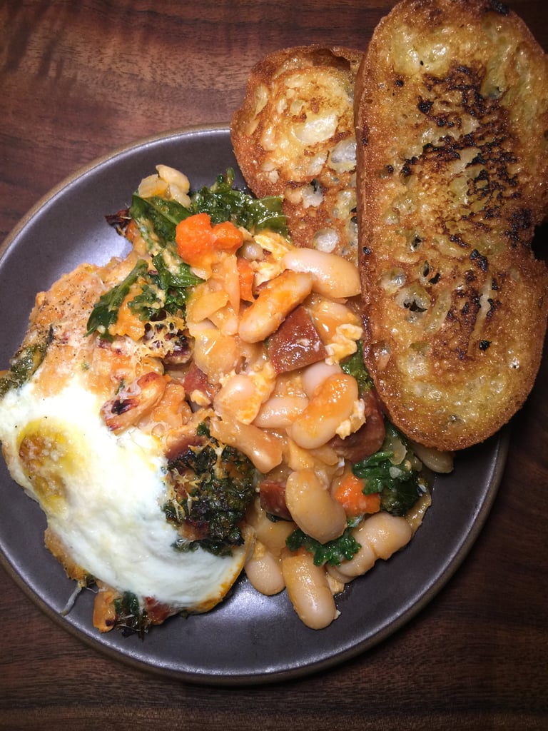 Baked Eggs, White Beans, Spring Veggies, Tarragon Crusty Bread