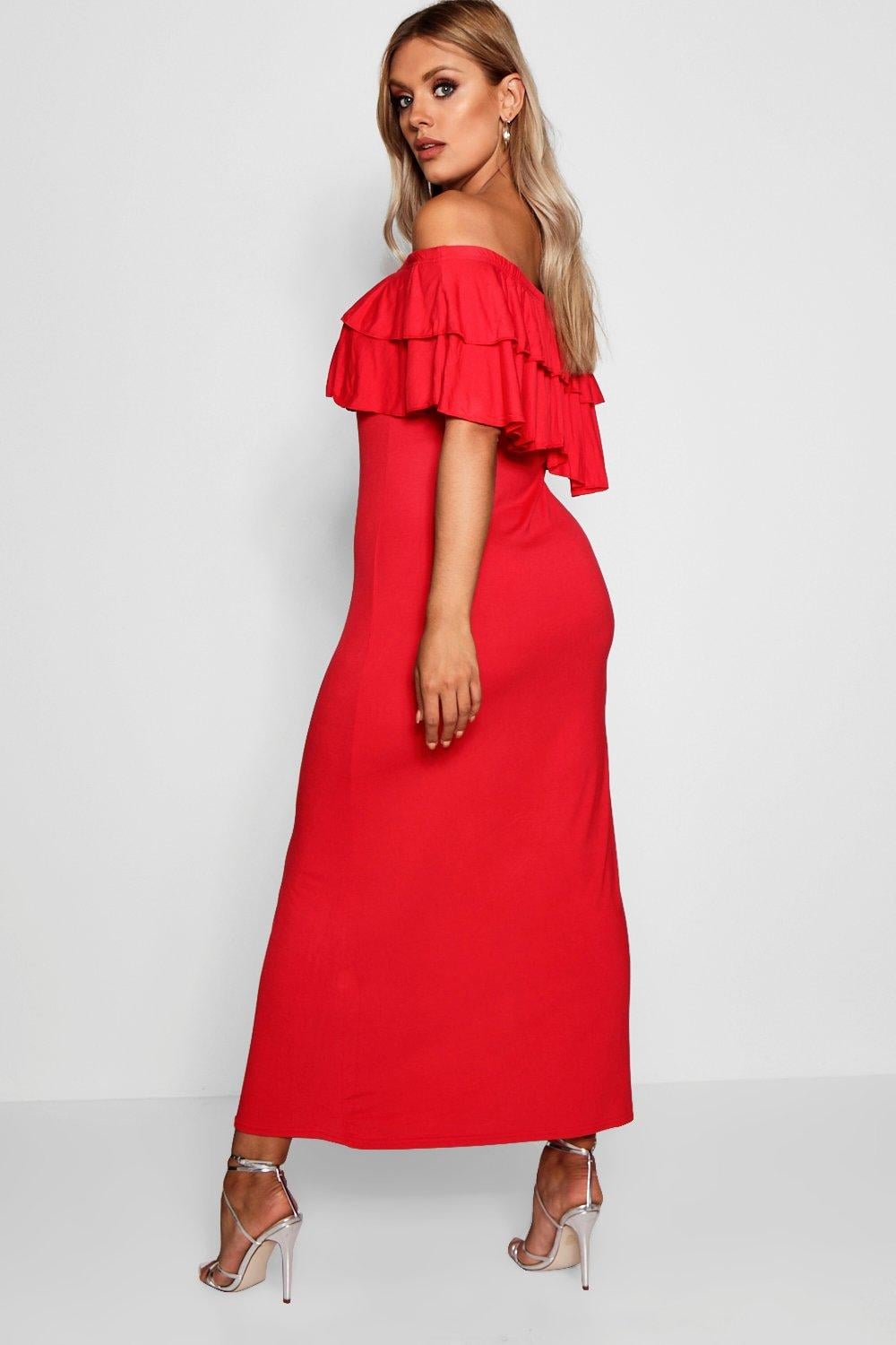 boohoo off the shoulder maxi dress
