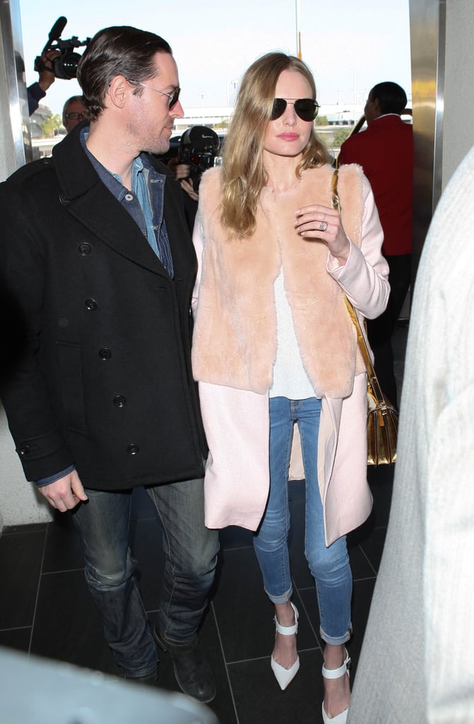 As yet the most recent example of Kate Bosworth's elegantly polished take on dressing, the actress wore simple jeans with white, pointy-toe heels and a peachy fur-block coat.