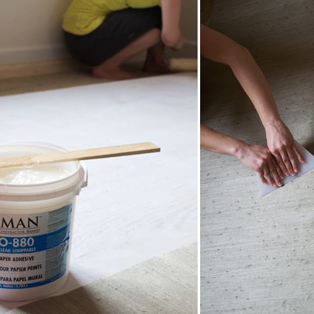 Once dry, we cut the wallpaper to the correct height, placed it to the side and rolled wallpaper adhesive over the primer. We then used a wallpaper smoothing tool to remove any bubbles. The steps were repeated with 4 rows across, lining up the seams. It was helpful to have two people so that it could be adjusted as needed!