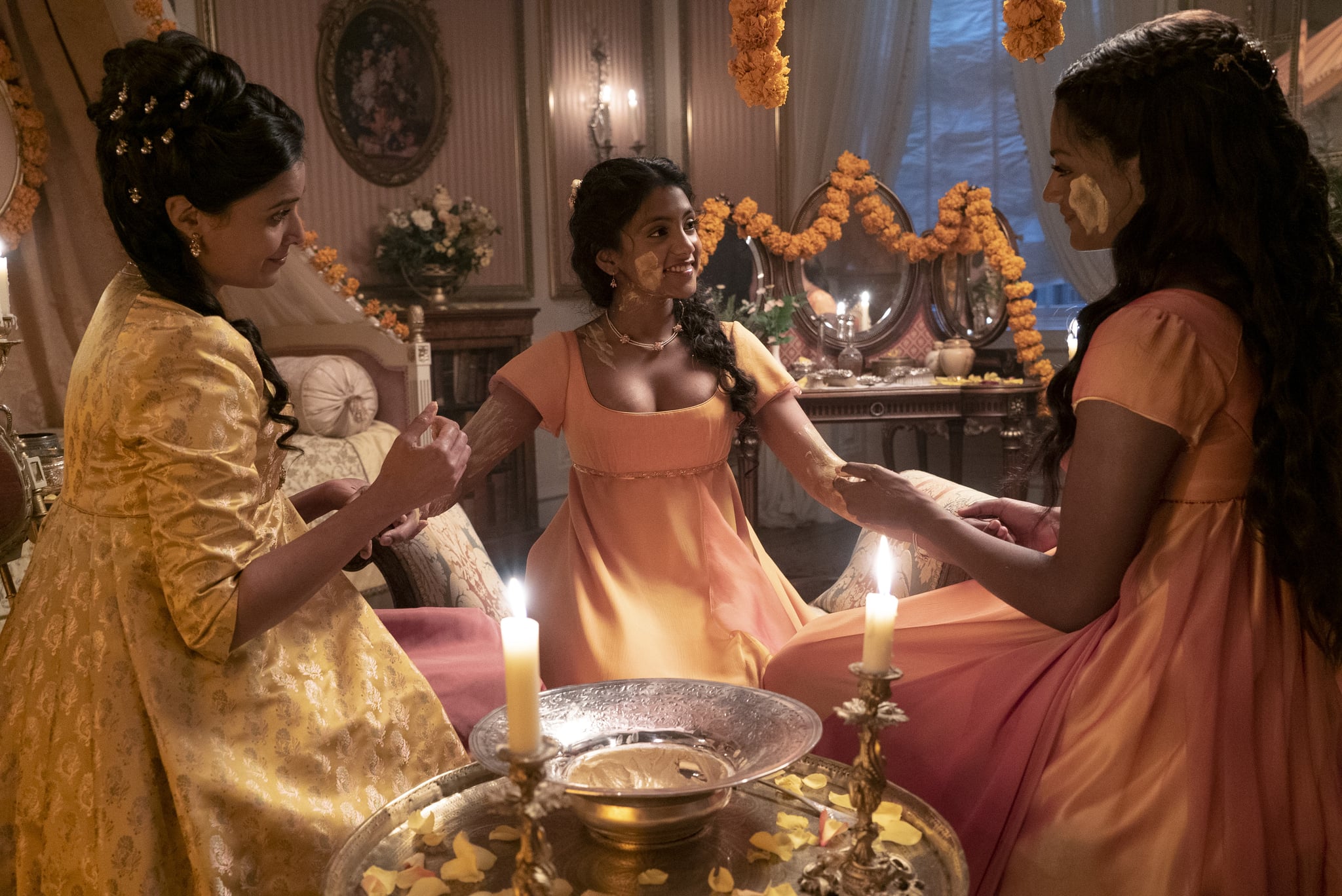 Bridgerton. (L to R) Shelley Conn as Mary Sharma, Charithra Chandran as Edwina Sharma, Simone Ashley as Kate Sharma in episode 206 of Bridgerton. Cr. Liam Daniel/Netflix © 2022