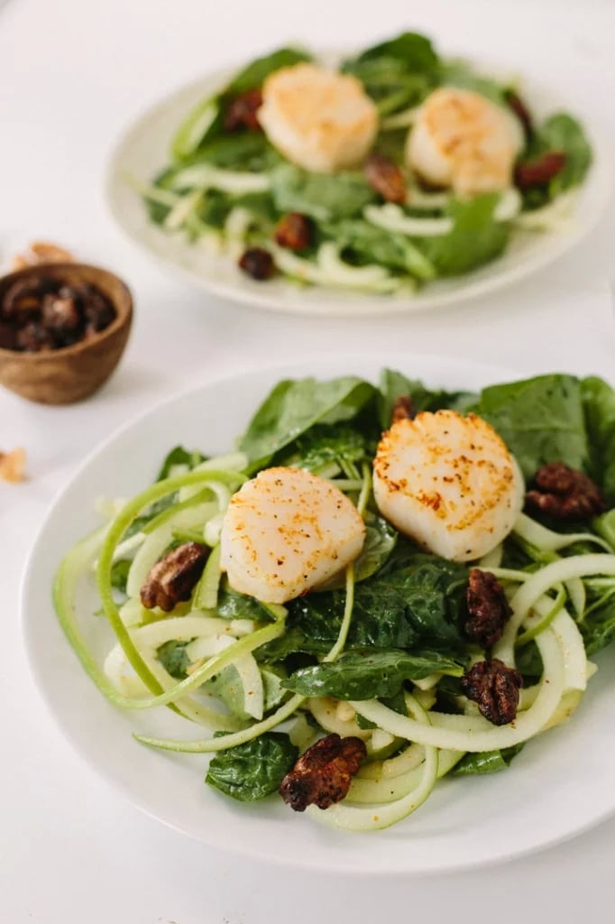 Scallop and Apple Noodle Spinach Salad with Spiced Walnuts