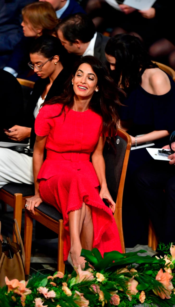 Amal Clooney Red Outfit at Nobel Peace Prize Ceremony 2018