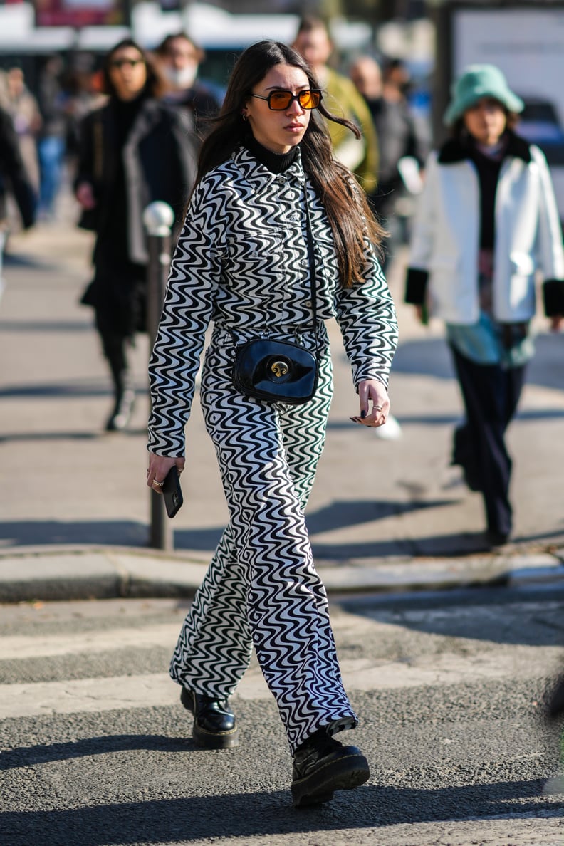 Busy Patterned Set With Doc Martens and an Accent Purse