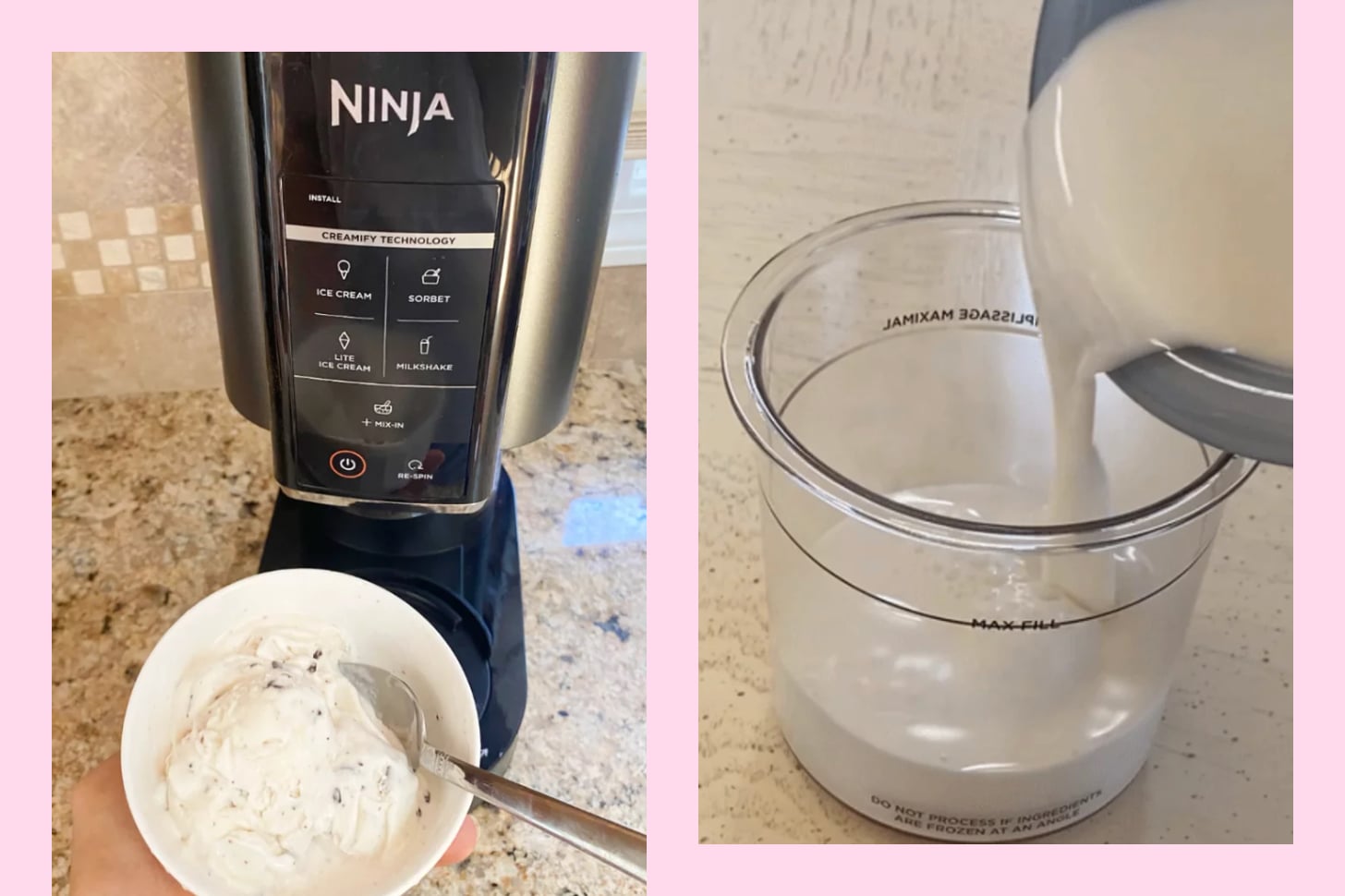 A side-by-side collage of original photography of a Ninja Creami ice cream maker on a marble kitchen countertop.