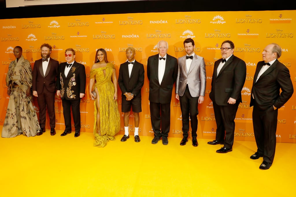 Pictured: Florence Kasumba, Seth Rogen, Elton John, Beyoncé, Pharrell Williams, Tim Rice, Billy Eichner, Jon Favreau, and Hans Zimmer at The Lion King premiere in London.