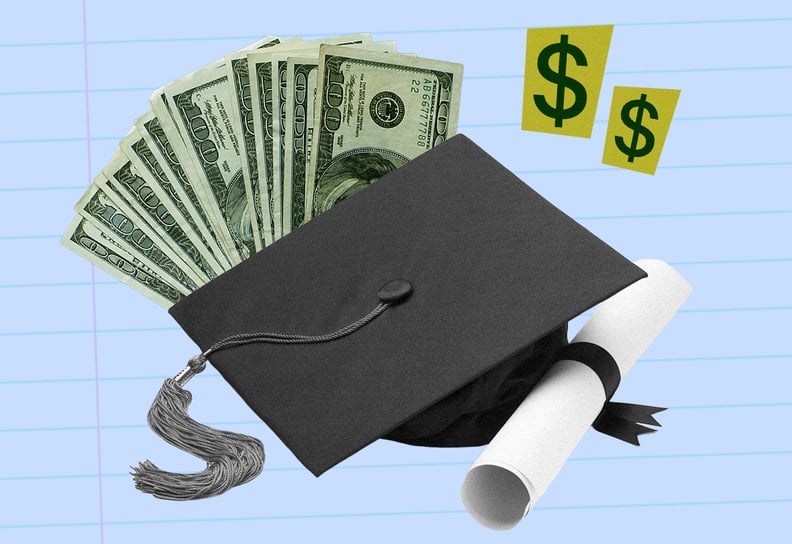 A collage of a college graduation cap and diploma and stacks of cash, signifying how college is a place where many young people learn about their socioeconomic status for the first time.