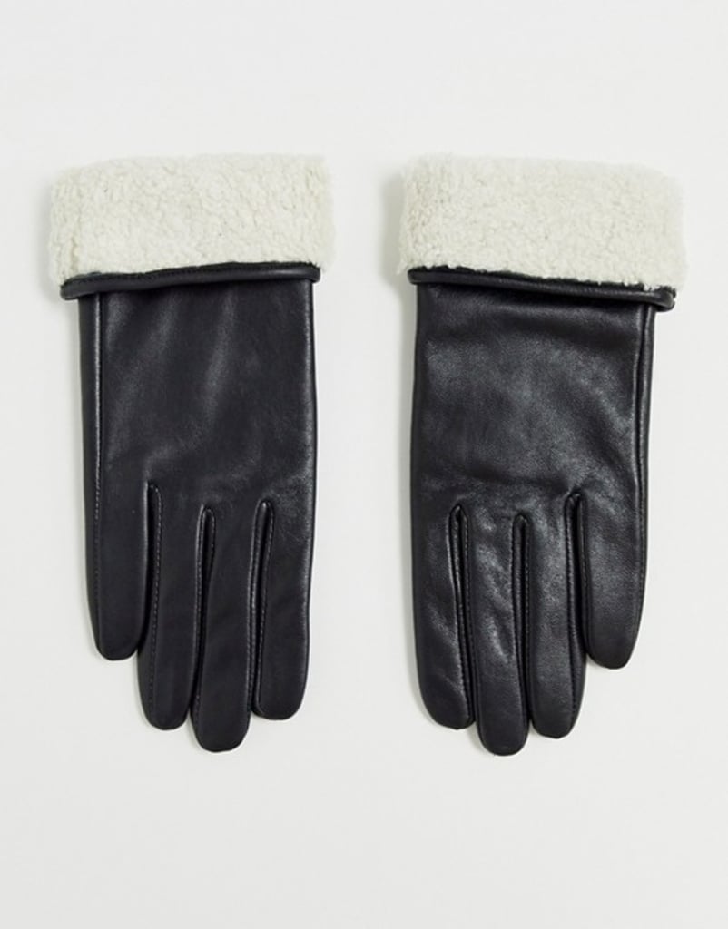 ASOS Design Leather Gloves with Touch Screen and Borg Trim in Black